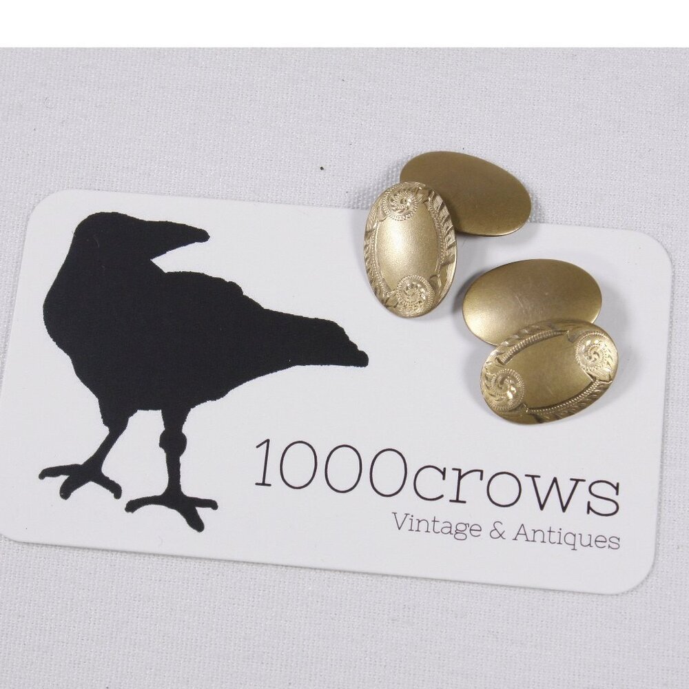 Vintage gold toned cufflinks with engraved decoration, oval cuff links classic